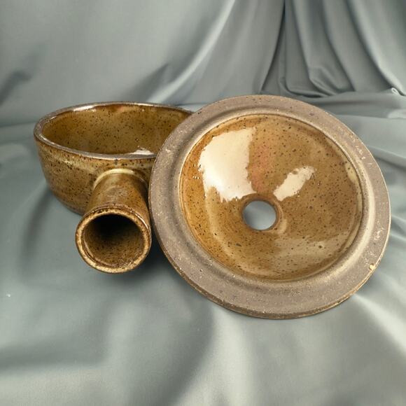 Vintage Studio Pottery Soup Bowl with Lid Brown Speckle Glaze Handled 5” - Picture 3 of 5